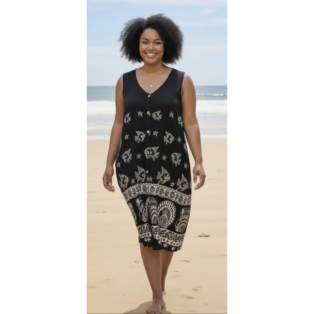 Black & Beige Trapeze Shift Coverup Dress Fish Seashell Beach Scene 2XL